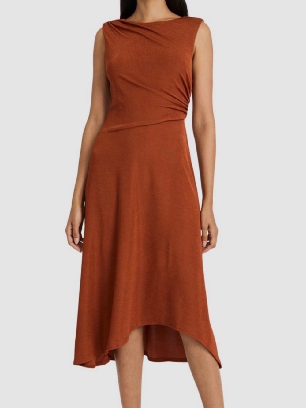Maggy London Rust Asymmetrical 
Midi Dress, Hidden Zip